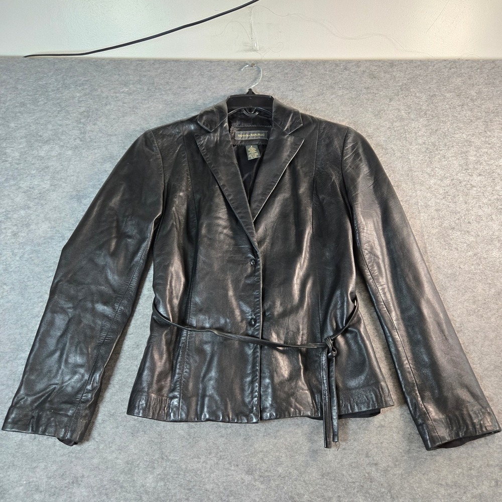 Y2K Banana Republic Womens Black Genuine Leather Belted Blazer Jacket 6